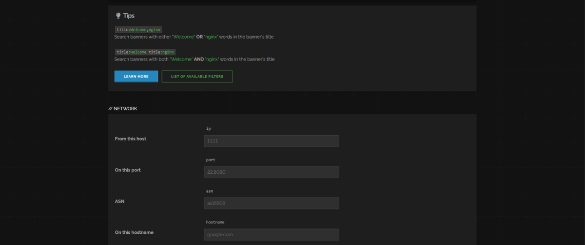 Shodan OSINT tool network search filters showing IP, port, ASN, and hostname fields with query syntax tips.