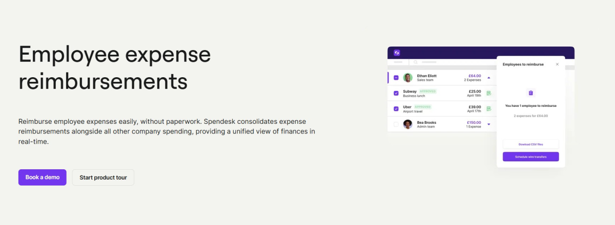 Spendesk homepage showing expense reimbursements on the right side, and textx and buttons on the left side.
