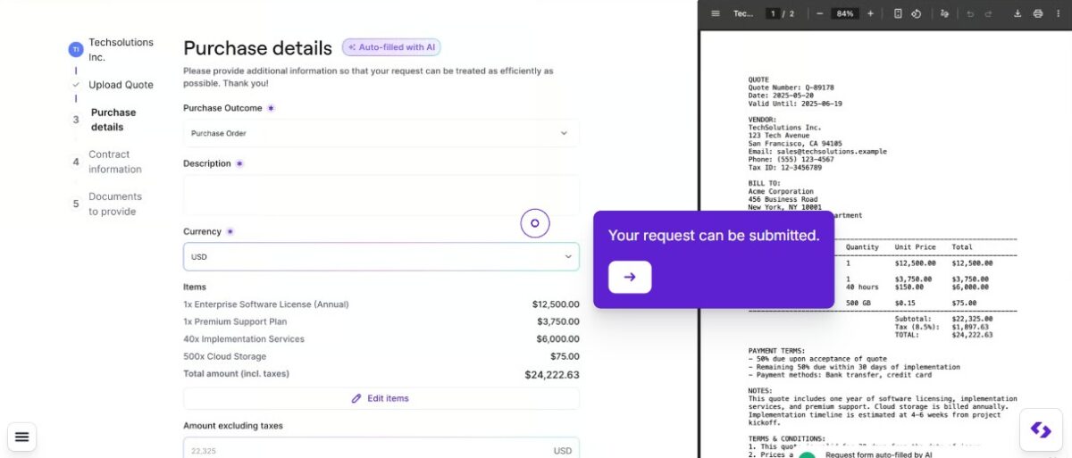 Spendesk's demo dashboard showing the purchase details in a tab after capturing the data from a receipt