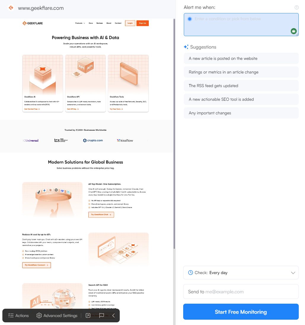 Visualping dashboard