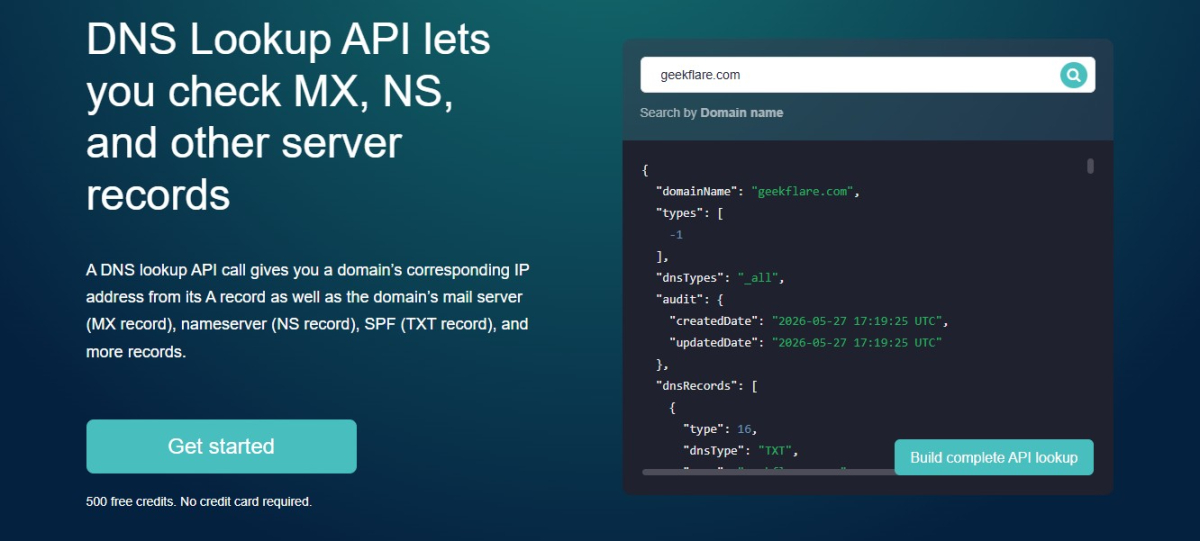 WhoisXML API front page showing basic details of DNS for geekflare.com