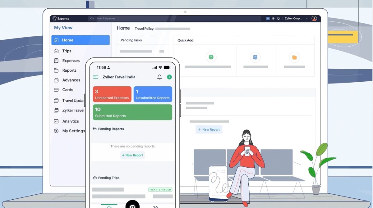 Zoho Expense dashboard showing some tabs in laptop and mobile about expenses and reports