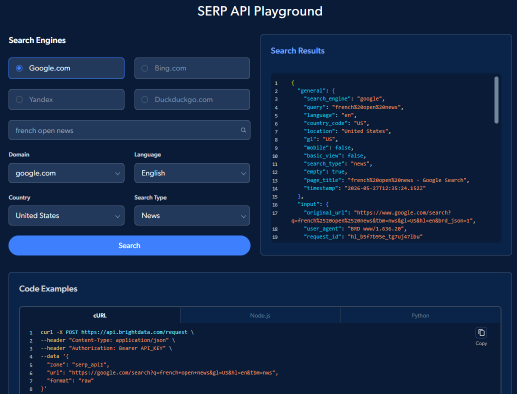 Testing Bright Data SERP API to extract results for "french open news".