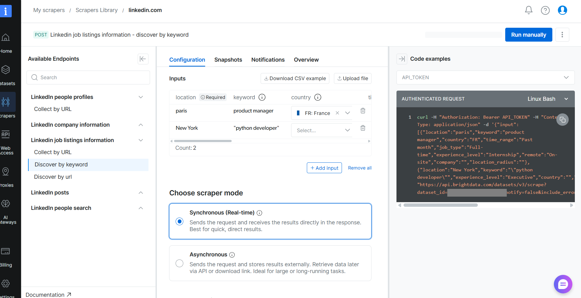 Bright Data Web Scraper dashboard showing input fields for LinkedIn job search parameters on the left and a corresponding curl API code example on the right panel.