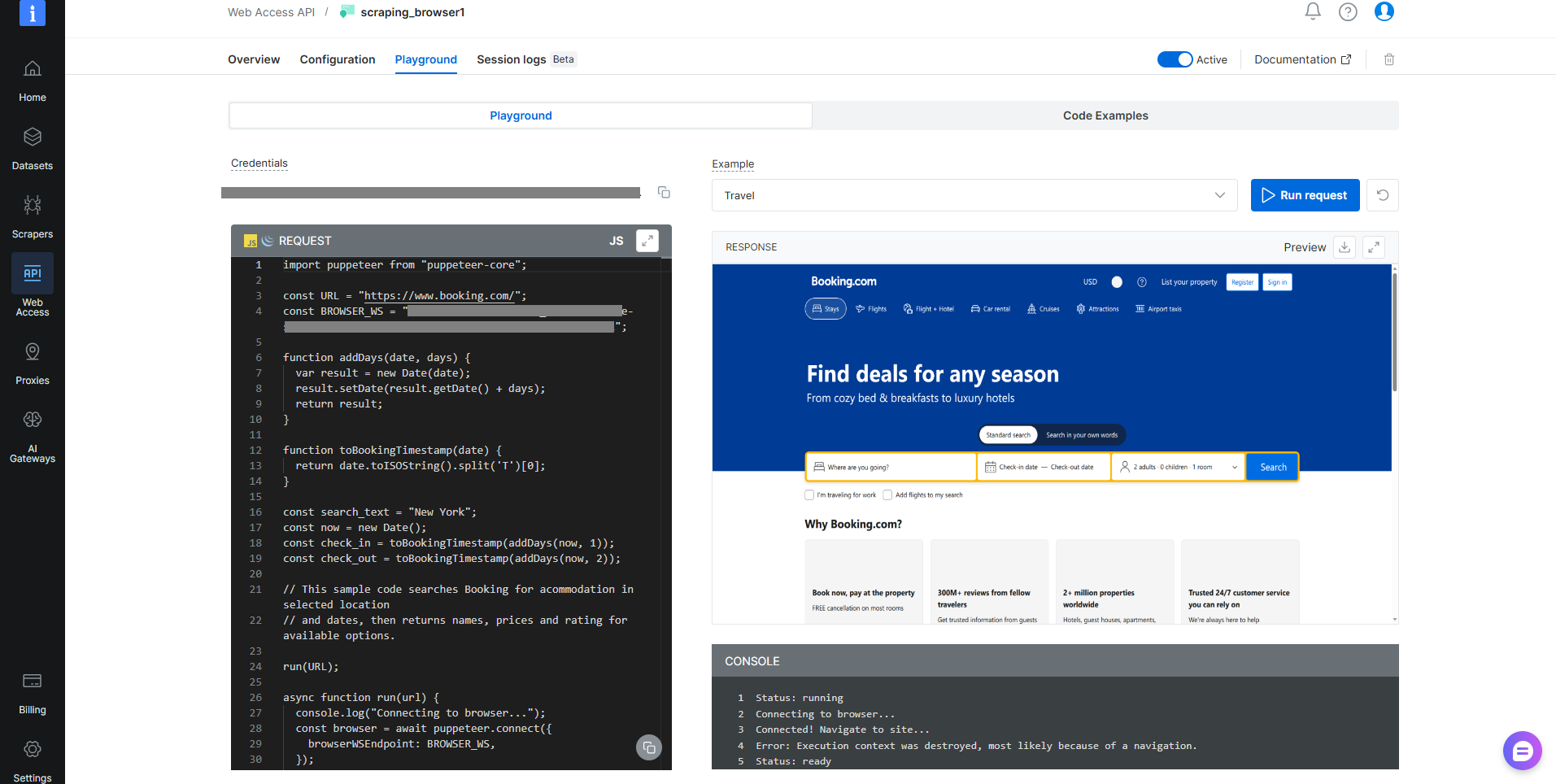Bright Data Playground interface displaying custom Puppeteer JavaScript code on the left and a live rendering of a scraping browser session on the right