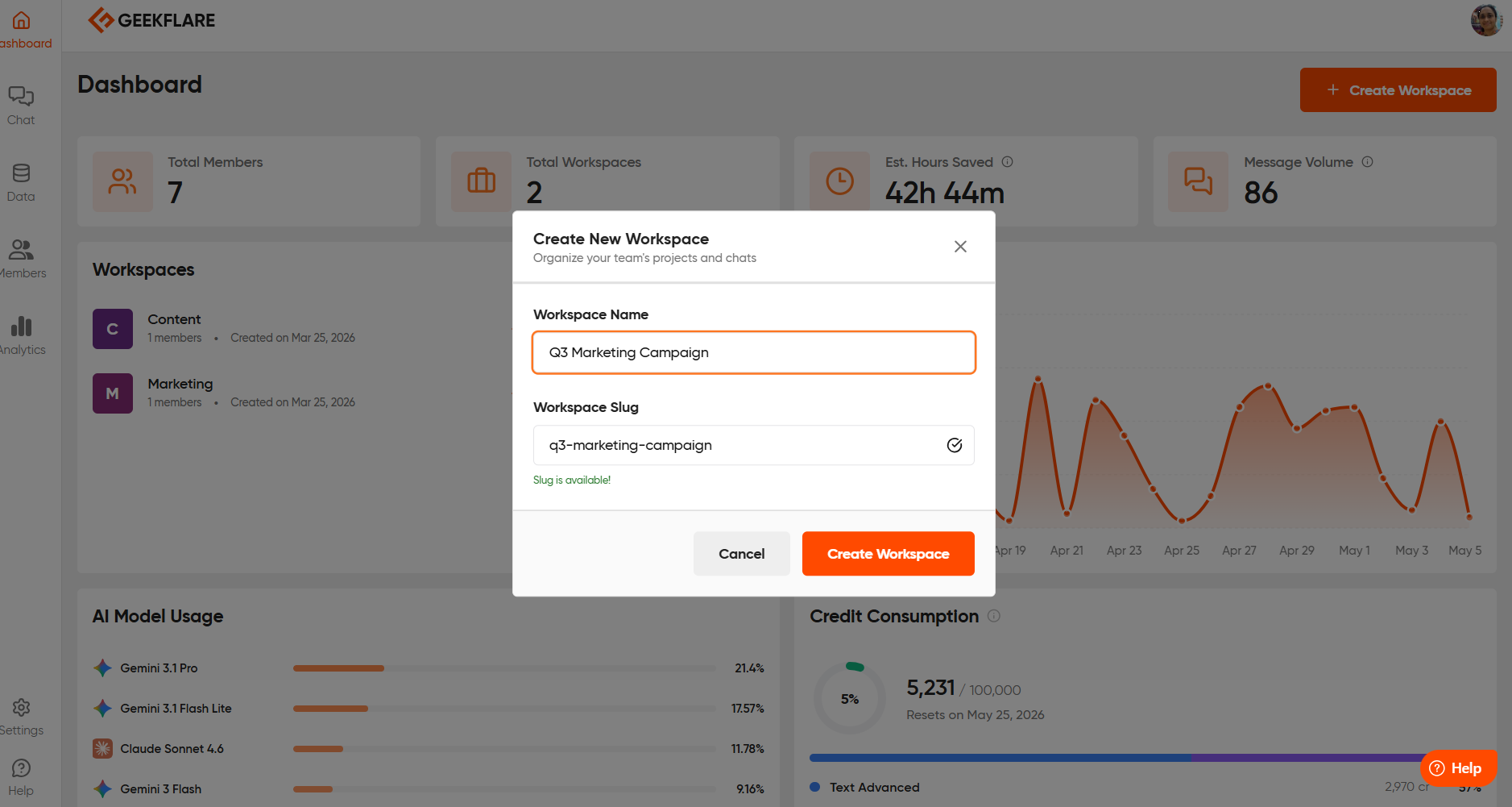 creating new workspace in Geekflare AI Chat