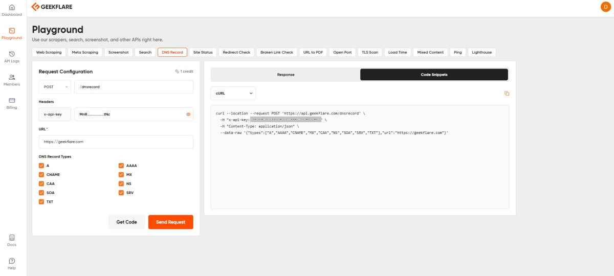 Geekflare DNS lookup API playground