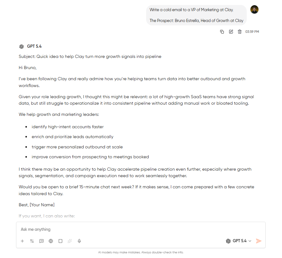 A generic AI-generated cold email with no prospect research, written by GPT-5.4 from a one-line prompt