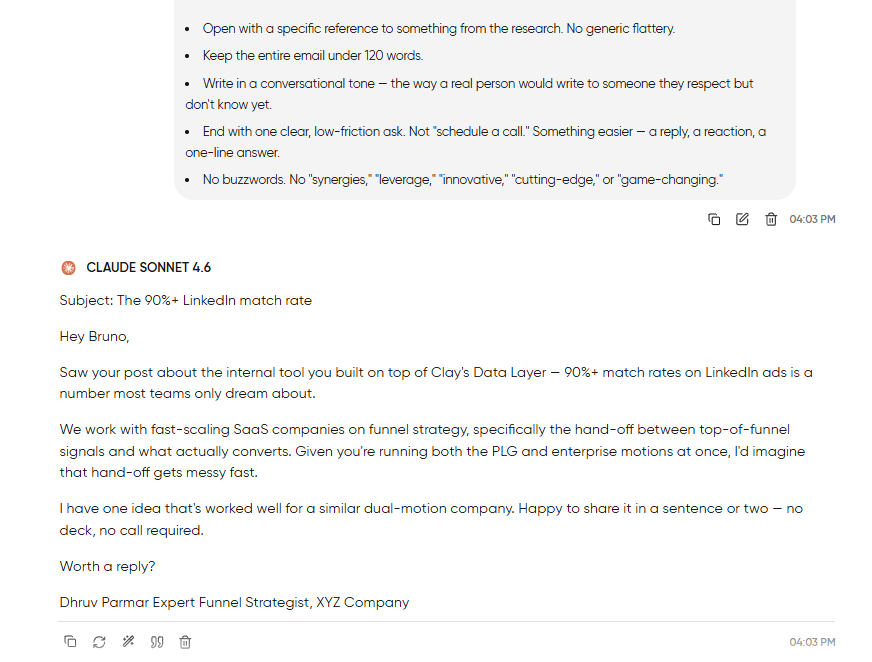 A researched, personalized cold email drafted by Claude Sonnet 4.6 using prospect research from Gemini in the same conversation