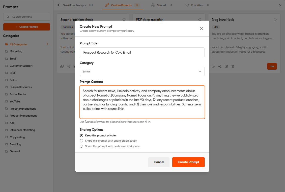 Saving a cold email research prompt as a reusable template with variables in Geekflare Chat's Prompt Library