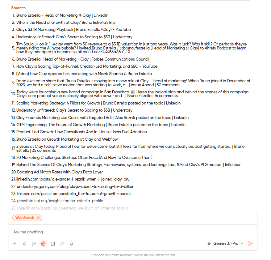 Geekflare Chat web search producing prospect research with recent news, LinkedIn activity, and company announcements and sources