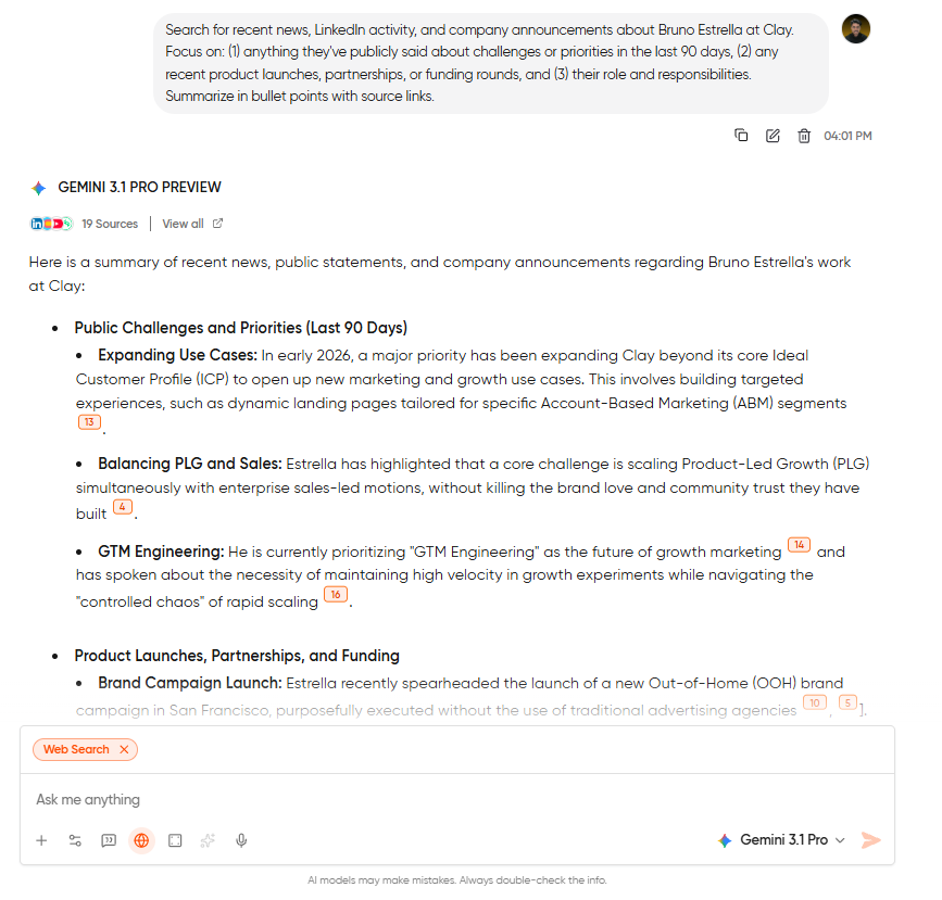 Geekflare Chat web search producing prospect research with recent news, LinkedIn activity, and company announcements