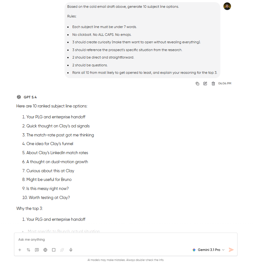 GPT-5.4 generating and ranking 10 cold email subject lines with reasoning for the top three picks