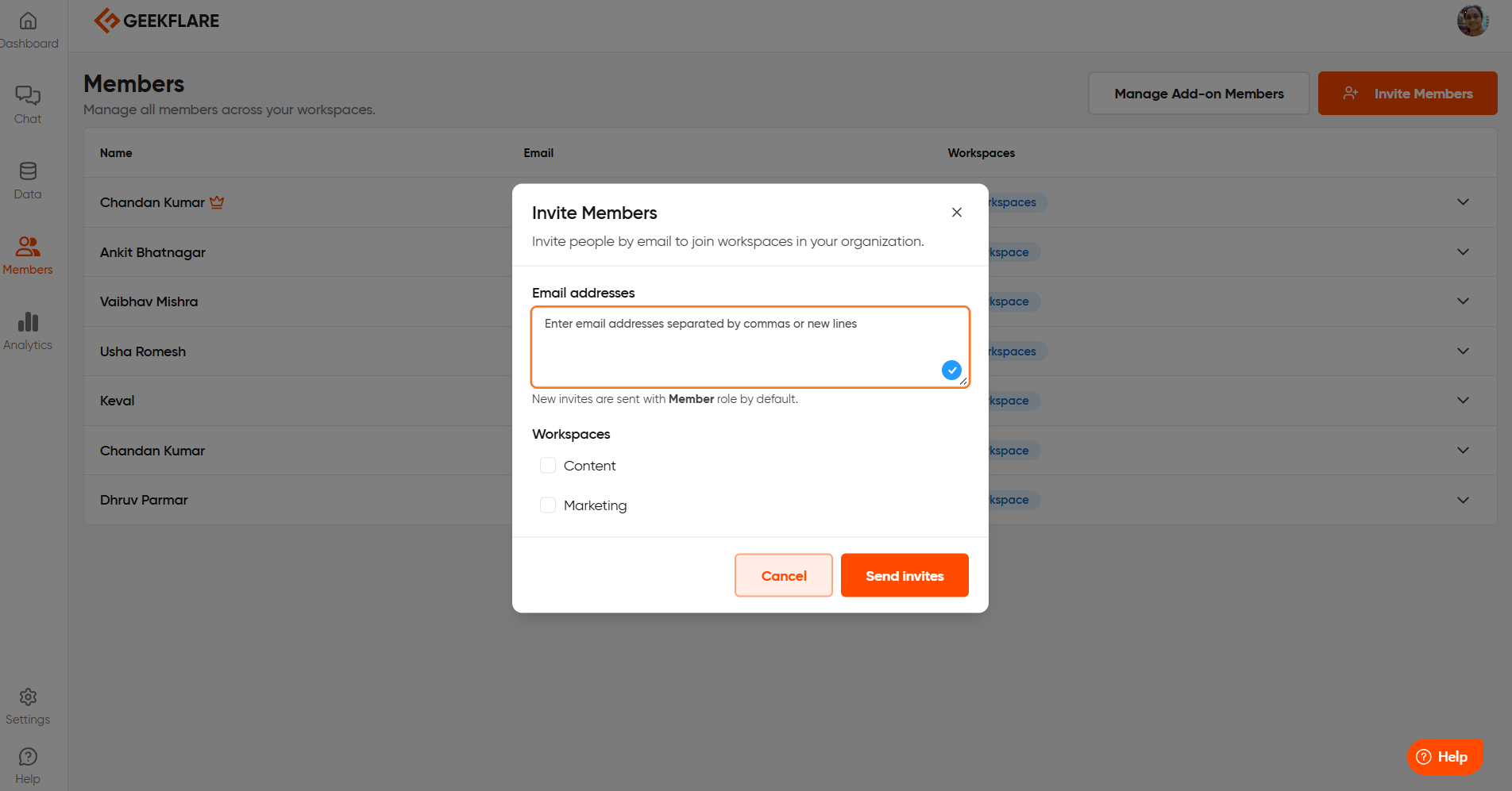 Inviting members to workspace in Geekflare AI Chat