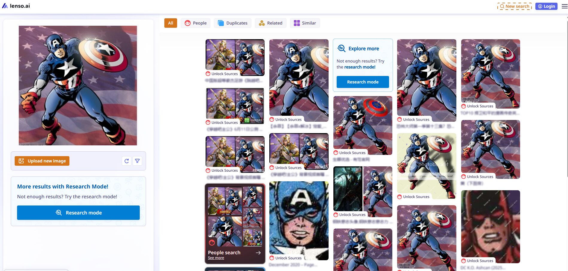 Lenso.ai reverse image search results showing matches for a Captain America image
