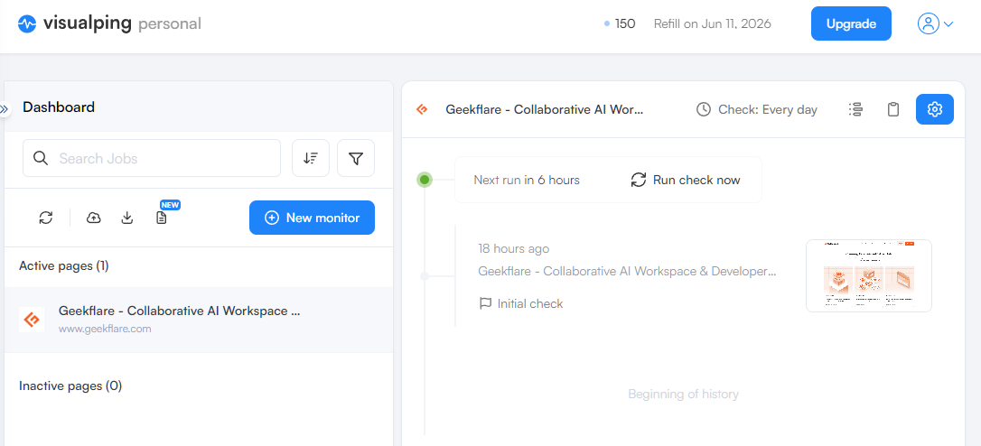 Visualping dashboard