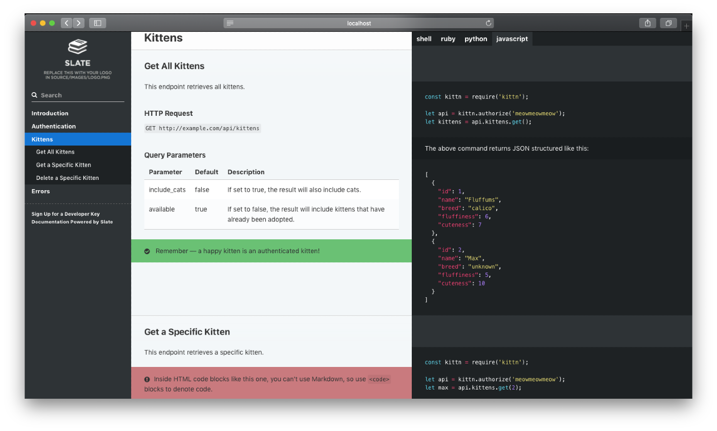Dashboard of Slate API documentation generator
