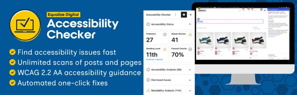 Equalize Digital's Accessibility Checker plugin banner shows key features alongside a desktop screen scanning a webpage for accessibility issues.