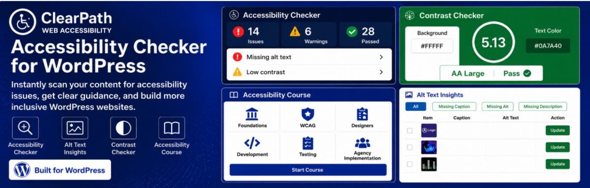 Clearpath's Accessibility Checker for WP banner shows a plugin interface with tools for scanning accessibility issues, checking color contrast, managing alt text, and accessing an accessibility course.