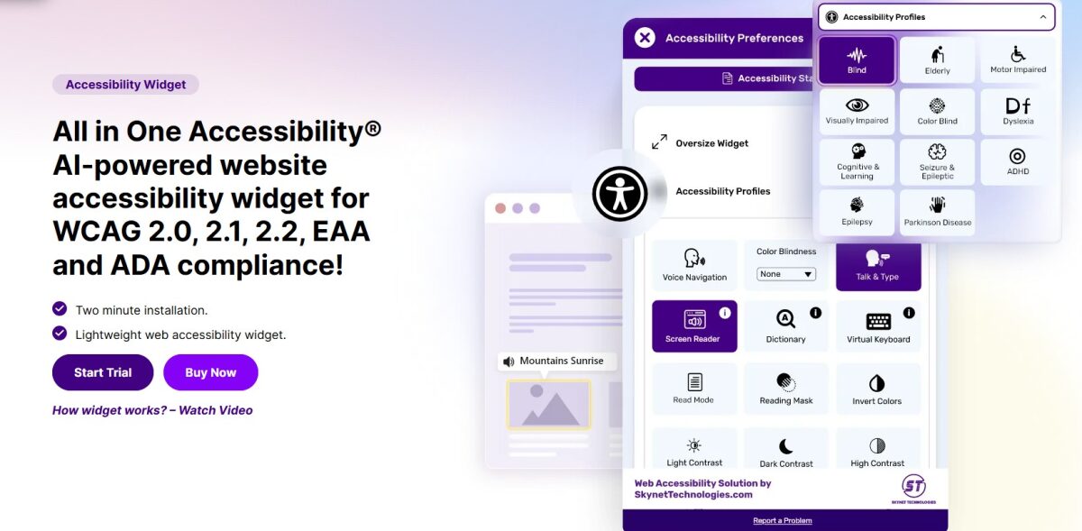 All in One Accessibility widget interface showing profiles for blind, elderly, dyslexia, ADHD, and more, which is WCAG 2.0, 2.1,2.2 and ADA compliant.