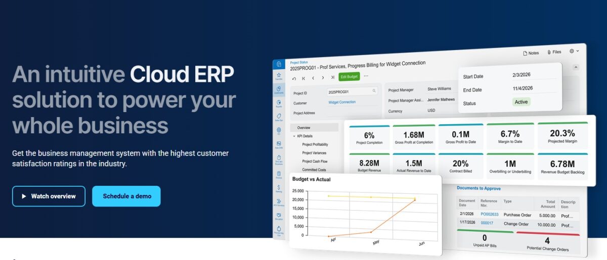 Acumatica cloud ERP solution dashboard showing project status, KPI details, budget vs actual chart, and documents to approve for business management.