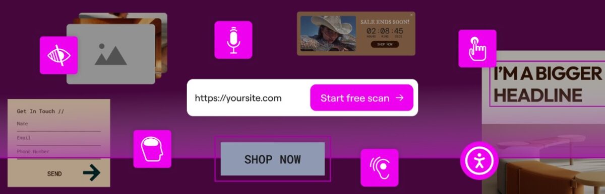 Ally's accessibility plugin banner displaying various web elements like forms, images, and buttons, alongside a free scan inpput field. It also highlights common accessibility features and issues on a website.