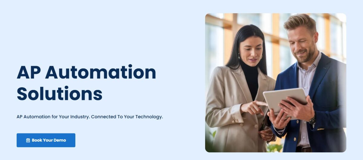 AvidXchange AP automation solutions page with two business professionals reviewing invoice management software on a tablet.
