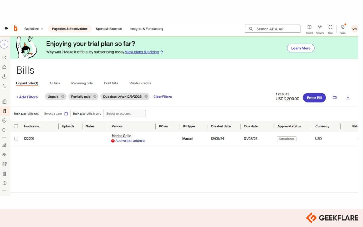 BILL accounts payable dashboard for Geekflare showing unpaid bills management interface with vendor tracking, invoice filtering, bulk payment scheduling, and approval status columns.