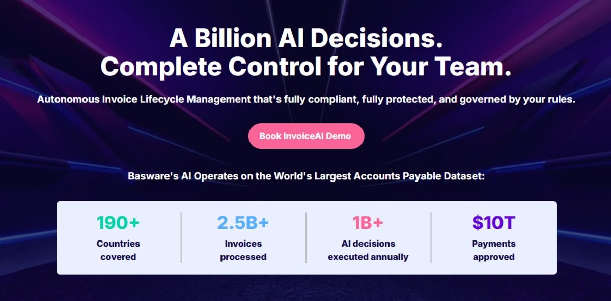 Basware AI-powered invoice lifecycle management homepage highlighting 2.5B+ invoices processed, 1B+ AI decisions annually, and $10T payments approved across 190+ countries