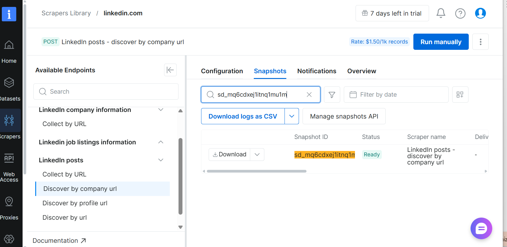 A screenshot of the Bright Data platform interface showing a completed "LinkedIn posts - discover by company url" scraping task with options to download logs as a CSV.