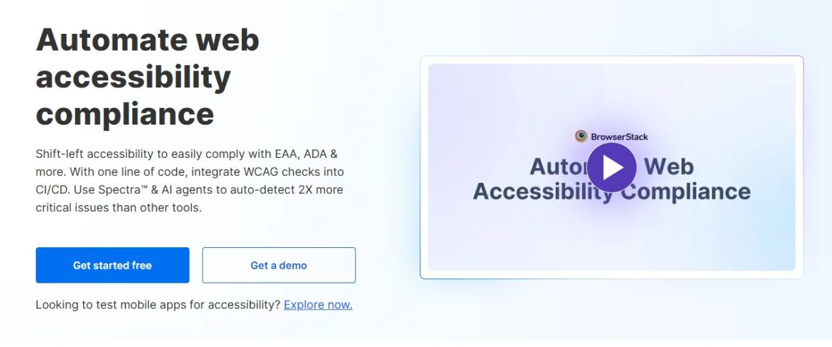 BrowserStack homepage promoting automated web accessibility compliance with WCAG checks integrated into CI/CD pipelines to meet EAA, ADA, and more standards.