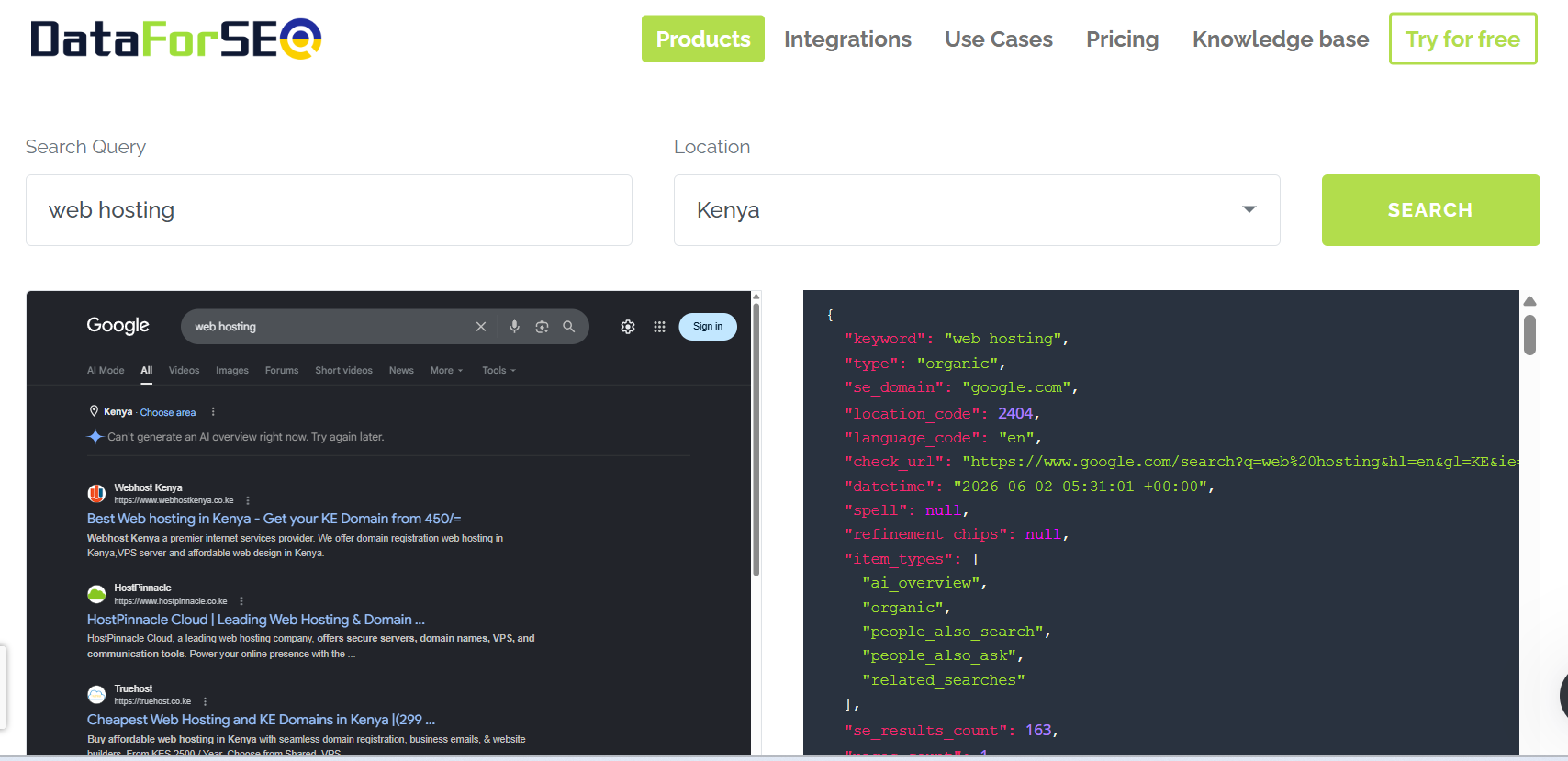 Side-by-side comparison of DataForSEO's dashboard, showing a localized Google search result page for "web hosting" in Kenya next to its parsed JSON code output.