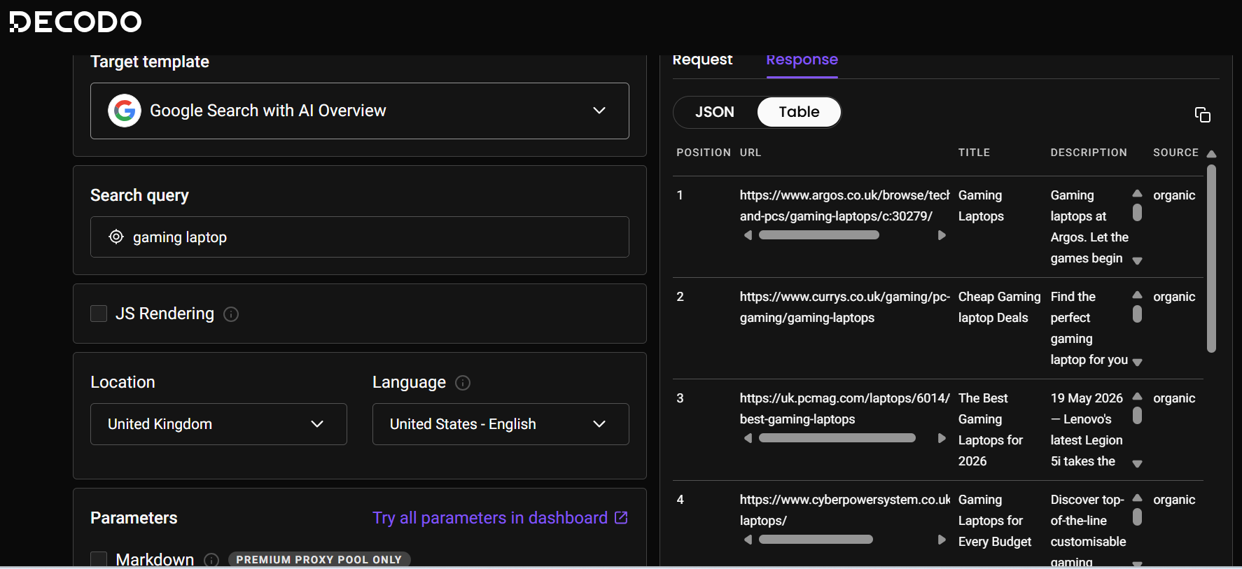 Decodo interface showing a search setup for "gaming laptop" in the United Kingdom next to its extracted tabular data.