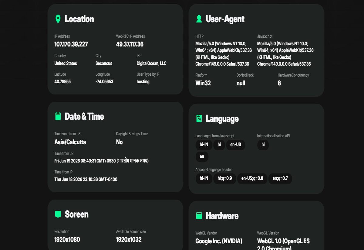 A Pixelscan fingerprint report on Dolphin Anty, showing detailed sections for location, user-agent, date and time, language, screen, and hardware data.