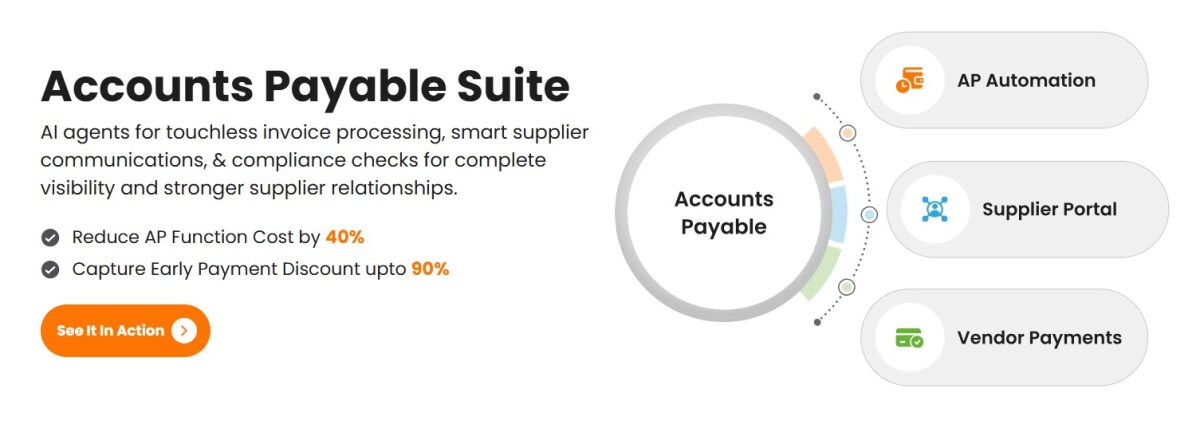 HighRadius AI-powered accounts payable suite showing AP automation, supplier portal, and vendor payments modules with 40% cost reduction claims.