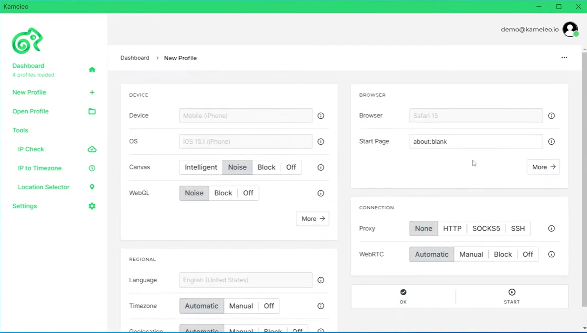 Setting up a new profile on Kameleo antidetect browser