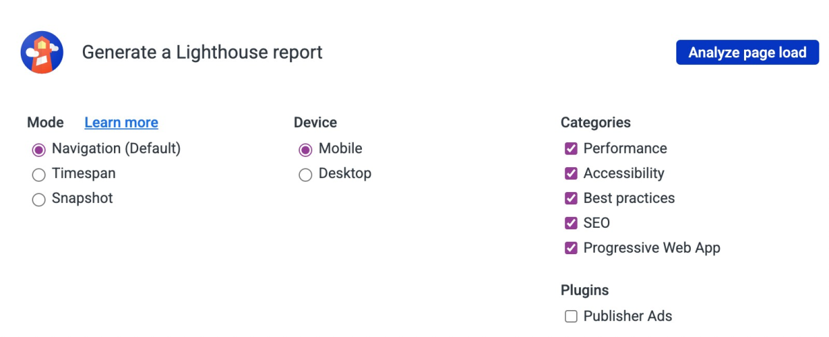Google Lighthouse report settings showing Navigation mode, Mobile device selected, with performance, accessibility, SEO, Best Practices, and Progressive Web App categories all checked.