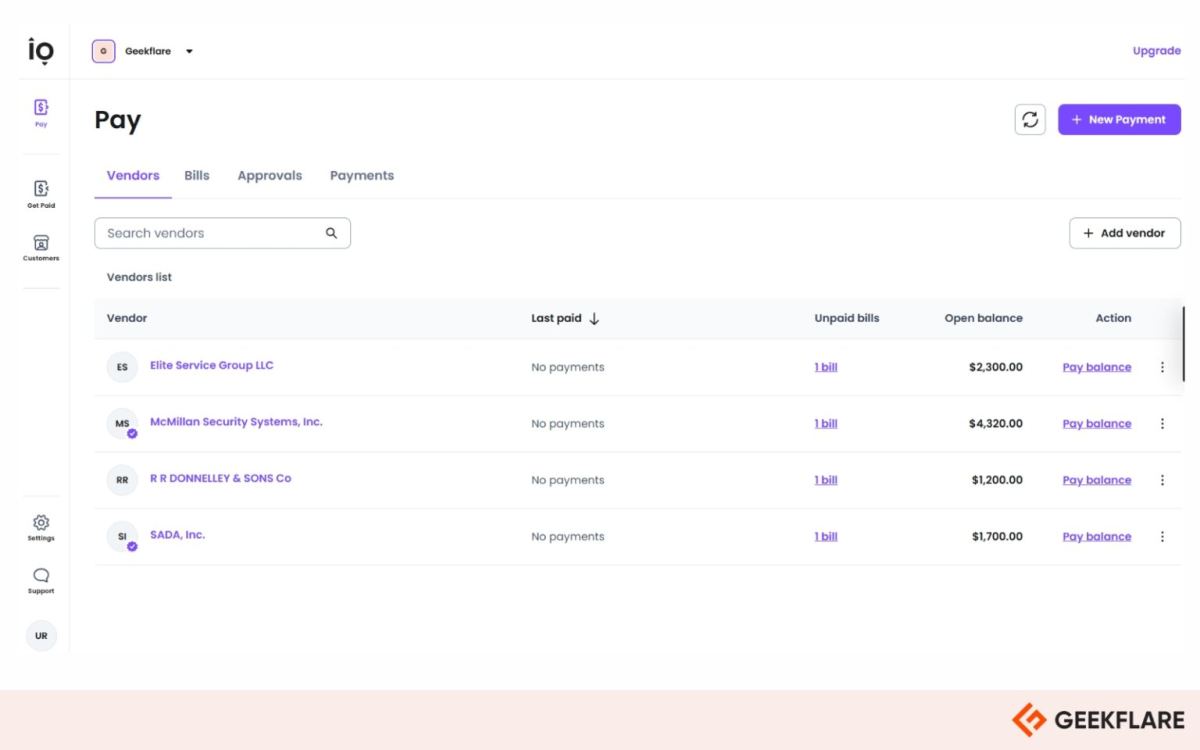 Geekflare team managing vendor bills, invoices, and payments inside Melio's free accounts payable dashboard showing open balances and unpaid bills