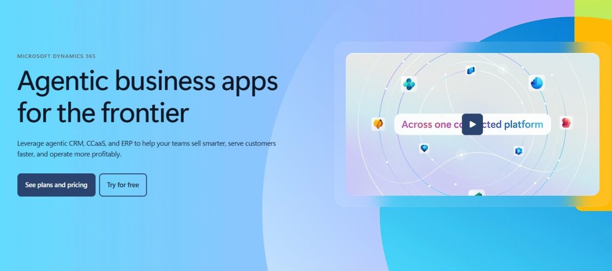 Microsoft Dynamics 365 hero banner promoting agentic business apps for CRM, CCaaS, and ERP across one connected platform.