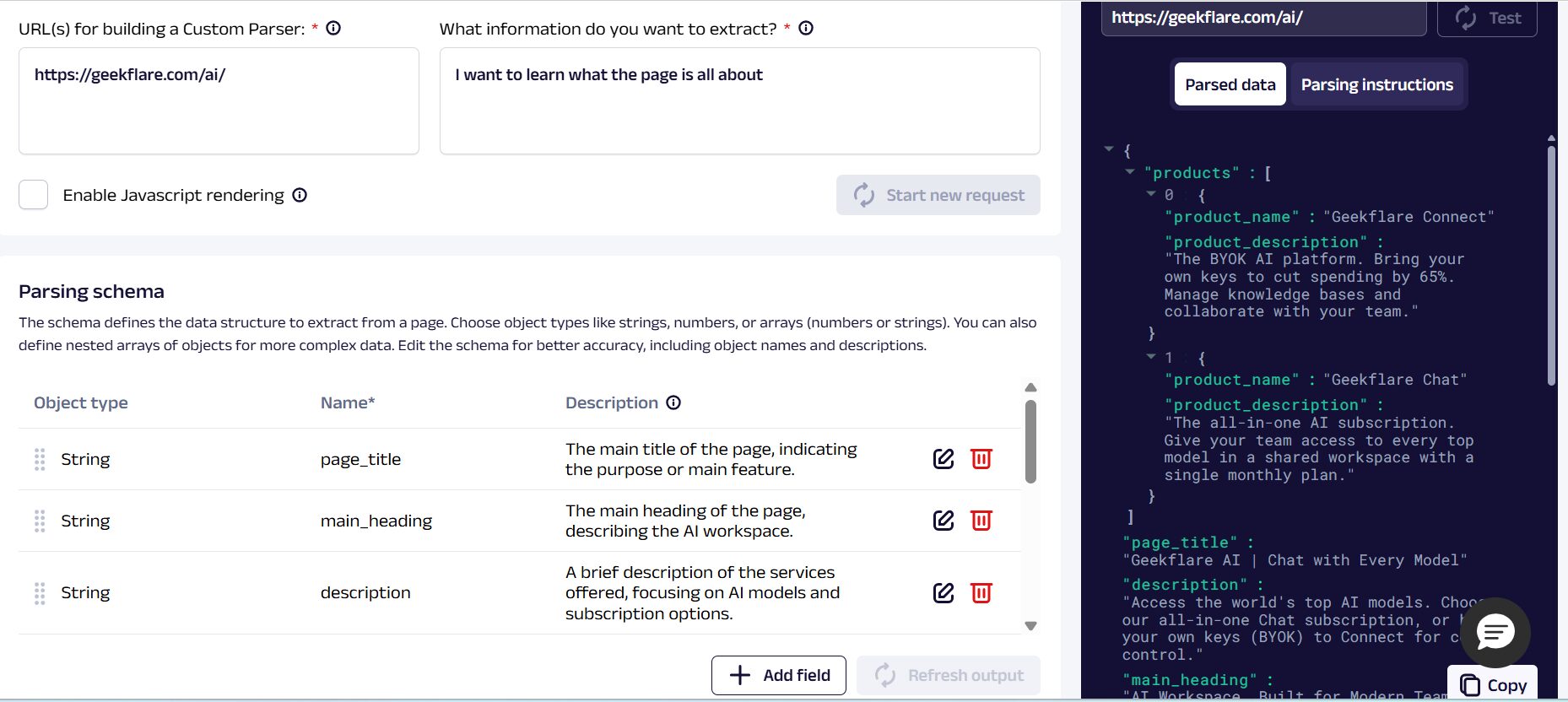 Oxylabs OxyCopilot interface showing a custom parsing schema and the resulting JSON code output for a scraped Geekflare webpage.