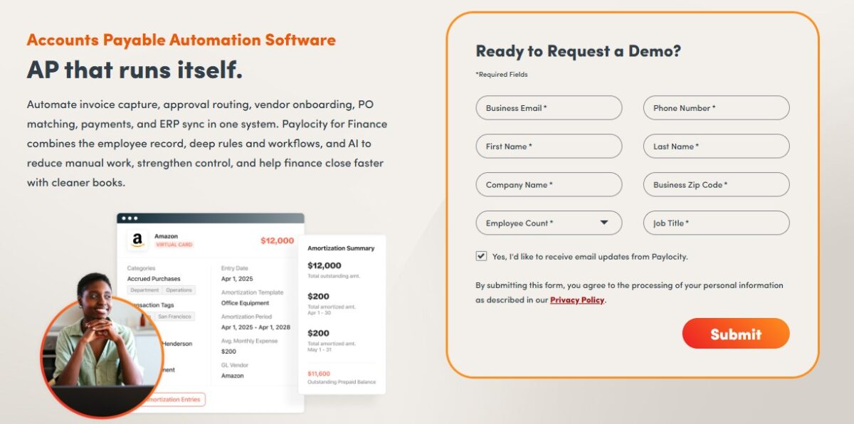 Paylocity accounts payable automation software page showing AI-powered invoice capture and ERP sync dashboard alonwith a demo request form.