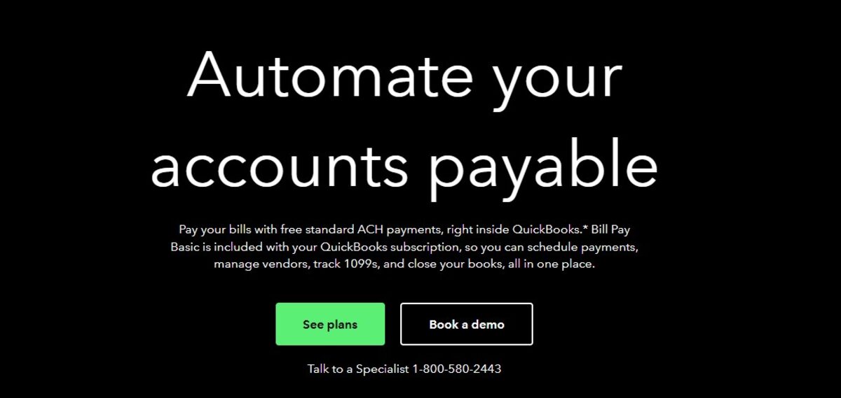 QuickBooks Bill Pay homepage promoting accounts payable automation with free ACH payments, vendor management, and 1099 tracking built into QuickBooks subscription.