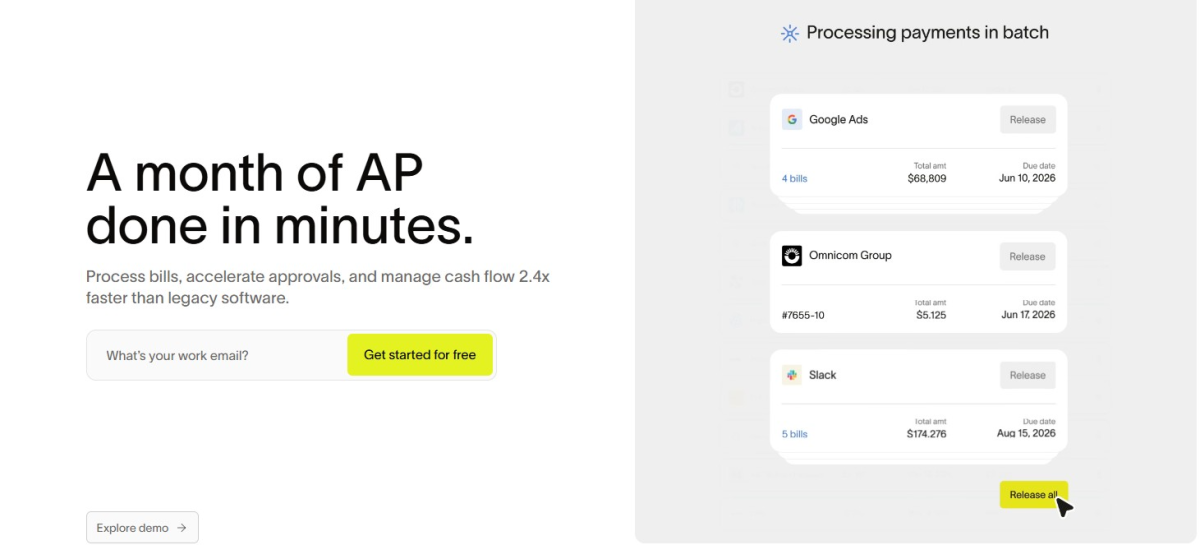 RAMP AP automation software homepage showing batch payment processing dahsboard with vendor bills for Google Ads, Omnicom, and Slack scheduled by due dates.