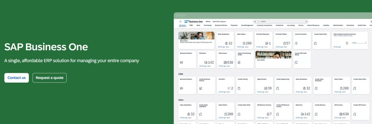 SAP Business One ERP software dashboard showcasing CRM, sales, purchasing, and inventory management modules for small and mid-sized businesses.