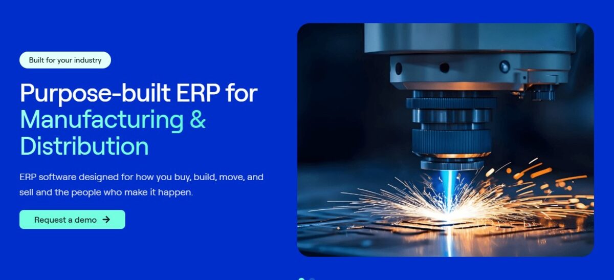 SYSPRO purpose-built ERP software hero banner for manufacturing and distribution industries, featuring a CNC laser cutting machine in operation.