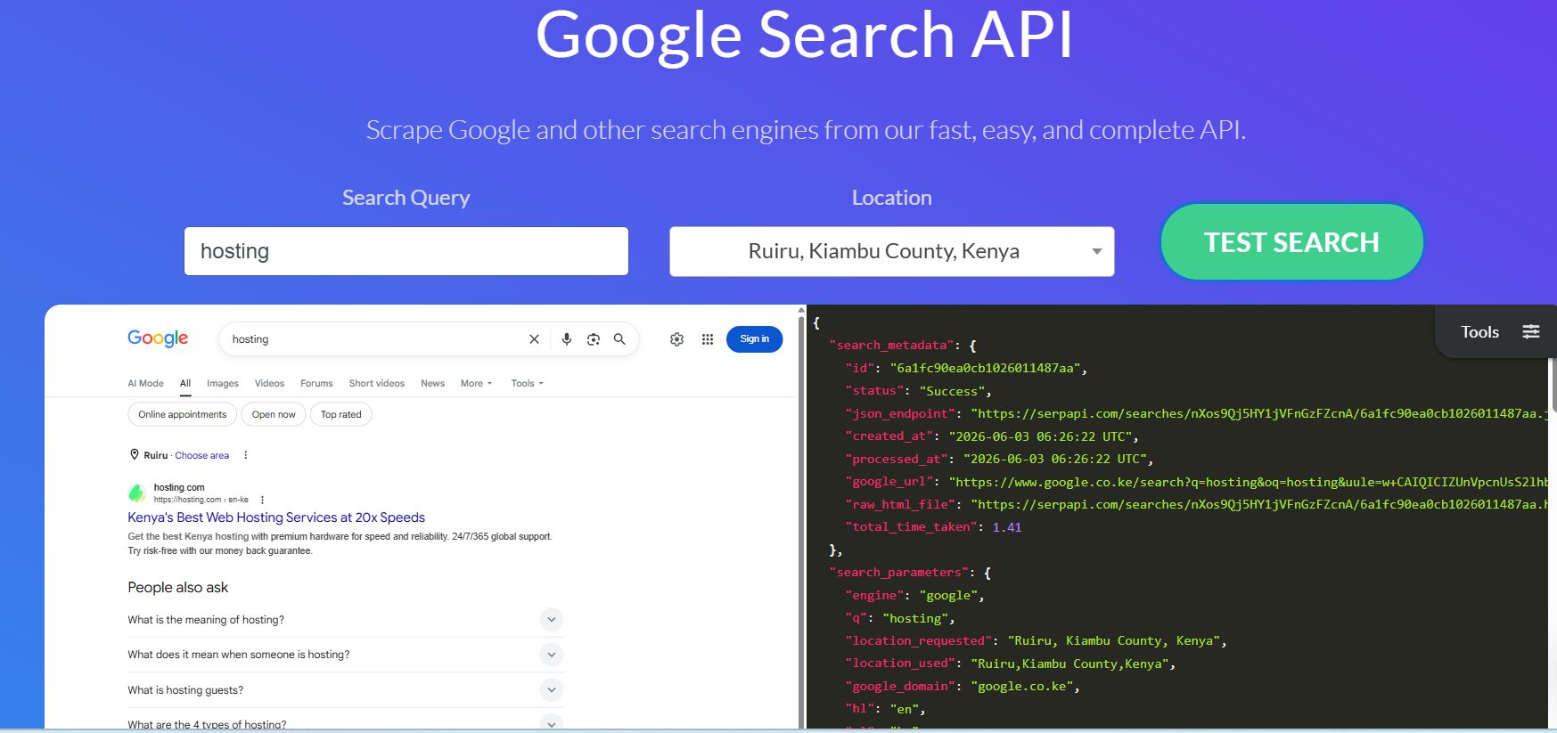 Side-by-side comparison of SerpApi's dashboard, showing a localized Google search result page for "hosting" in Ruiru, Kenya next to its parsed JSON code output.