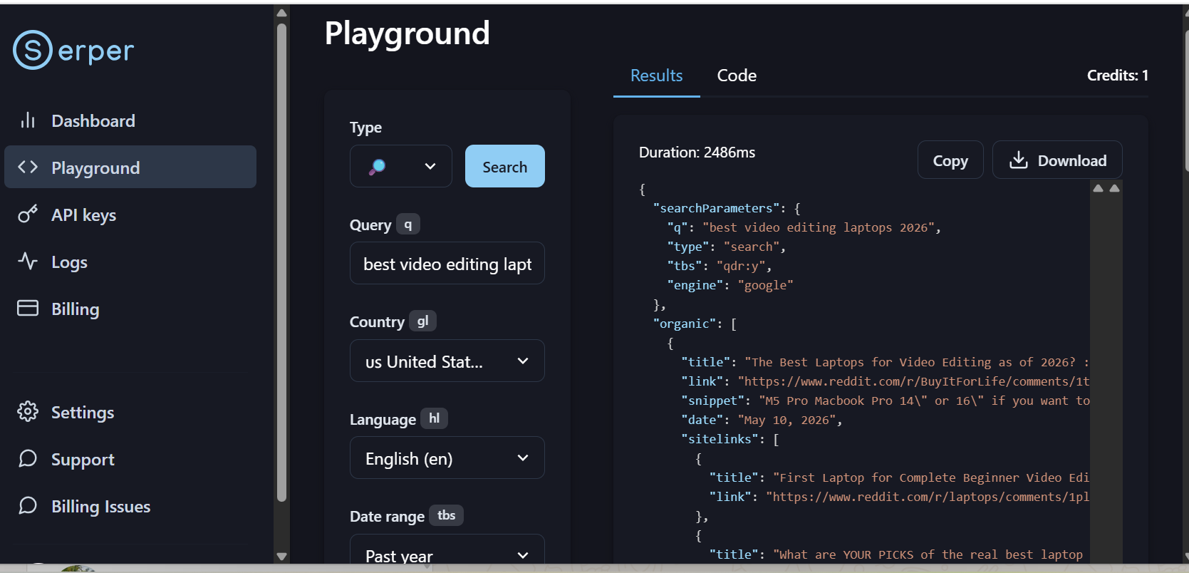 Serper dashboard displaying a live US-localized Google search test for 2026 laptops and its corresponding JSON data.