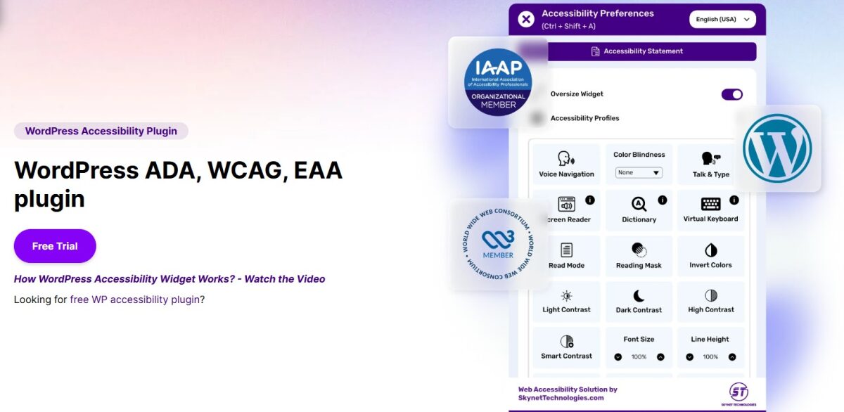A promotional banner for Skynet Technologies' WordPress ADA, WCAG, and EAA accessibility plugin displays a widget panel with features like voice navigation, screen reader, dark contrast, and font size controls.