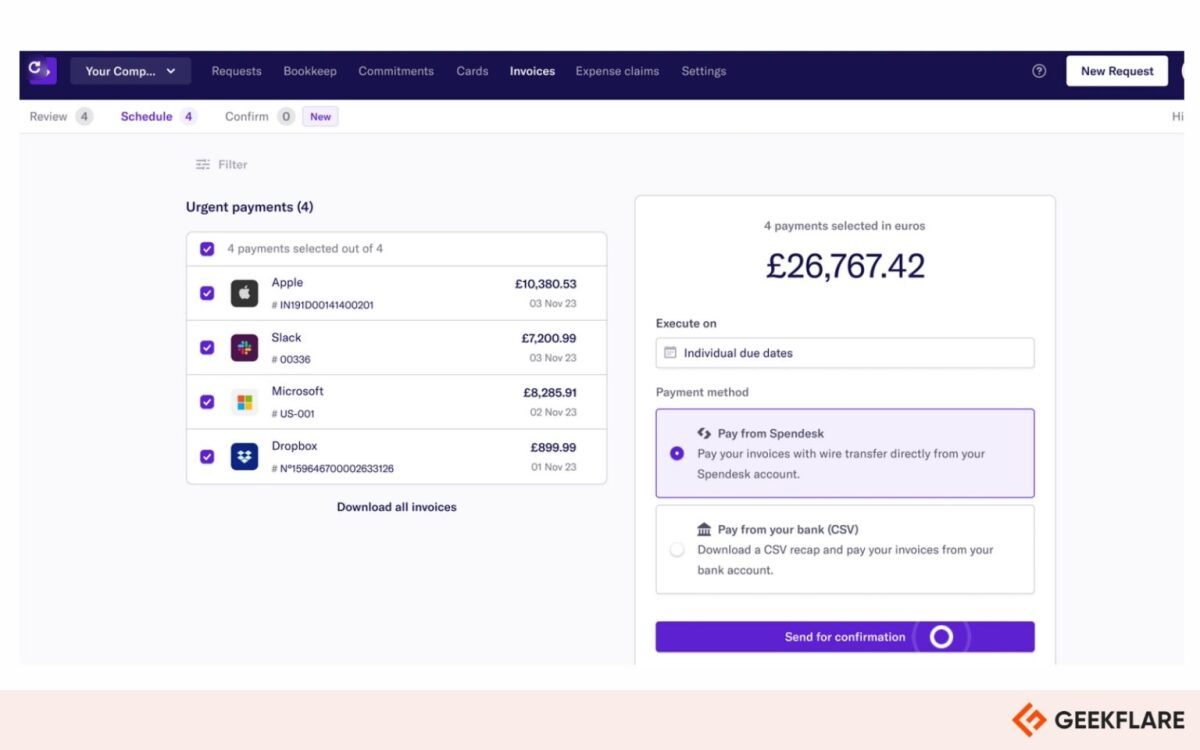 Spendesk invoice payment dashboard as tested by Geekflare, showing four urgent vendor payments totaling £26,767.42 to Apple, Slack, Microsoft, and Dropbox with wire transfer option
