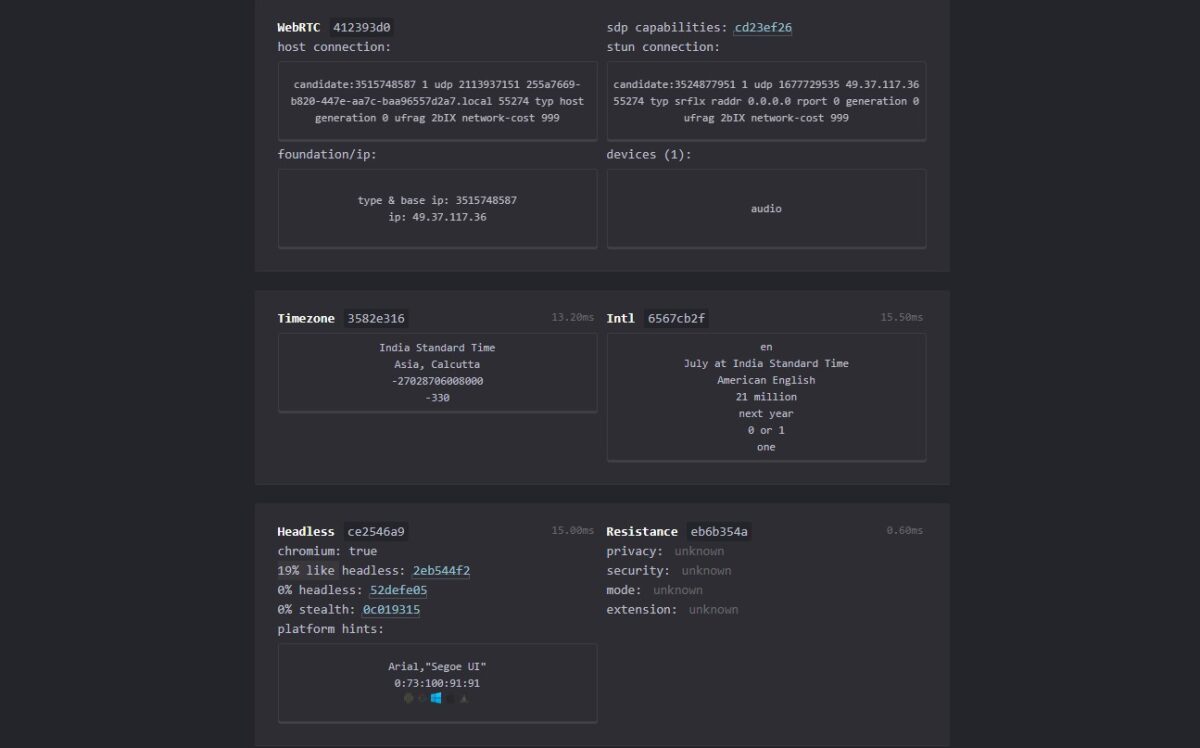 CreepJS fingerprint report on Undetectable browser, displaying WebRTC connection data, timezone, internationalization details, and headless browser detection results.